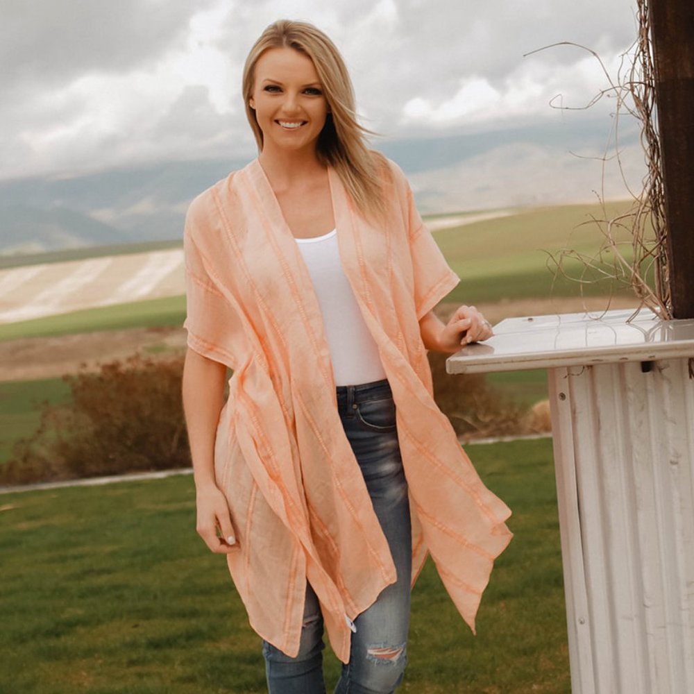 Striped Print Kimono - Peach